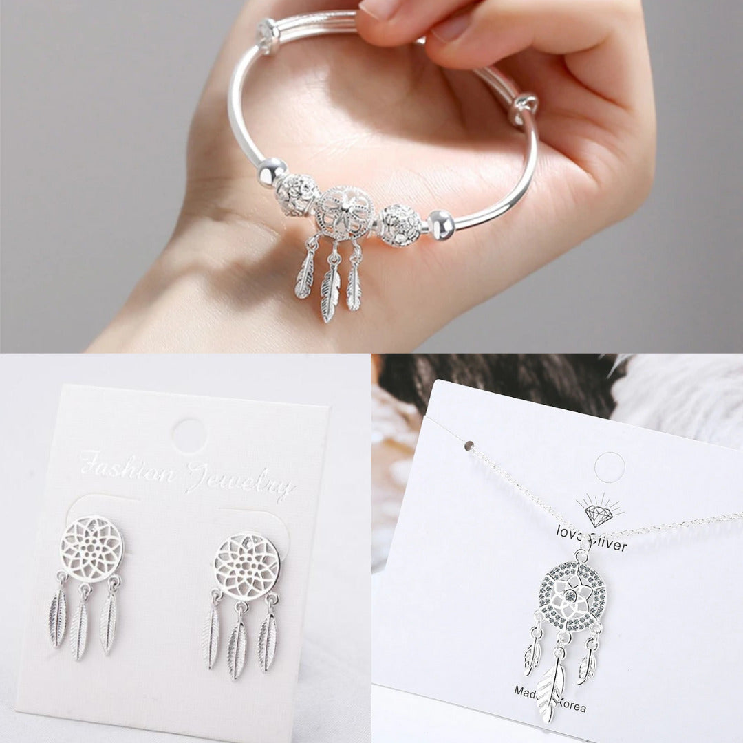Dream catcher gift set — dreamcatcher bracelet, earrings and necklace in silver