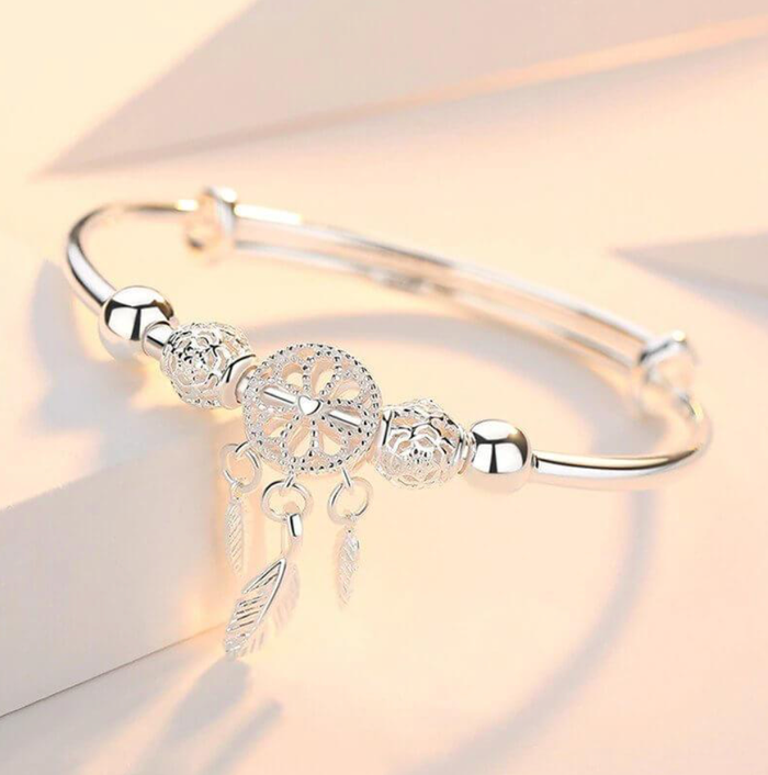 Stunning Bracelet — silver dream catcher charm bangle with feather drops